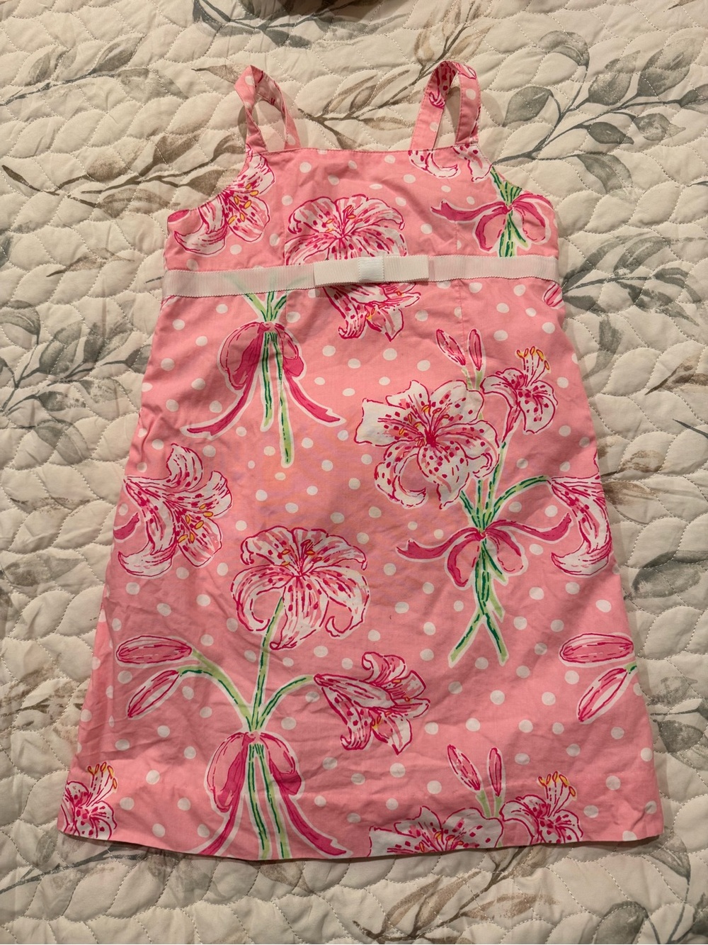Lilly Pulitzer Pink Floral Polka Dot Sundress with White Ribbon Detail